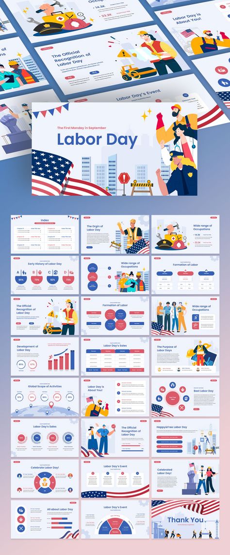 Labor Day Theme related PPT Templates. Get your own editable pre-designed slides. #SlideMembers #LaborDay #Workers #Celebration #Parades #Holiday #American #Employment #Trade #Unions #Movement #Sep4 #Unitedstates #Business #Professional #Infographics #Diagram #Multipurpose #Proposal #Profile #Background #Layout #Report #Cover #PPT #TemplateDesign #FreePresentation #PowerpointTemplate #Presentation #Templates #FreeTemplate #Slides #GoogleSlides #PowerPoint #freePPT #PPTdownload #Keynote Labor Day History, Powerpoint Presentation Themes, Profile Background, Red Presentation, Background Layout, Workers Day, Report Cover, First Monday, Powerpoint Design Templates