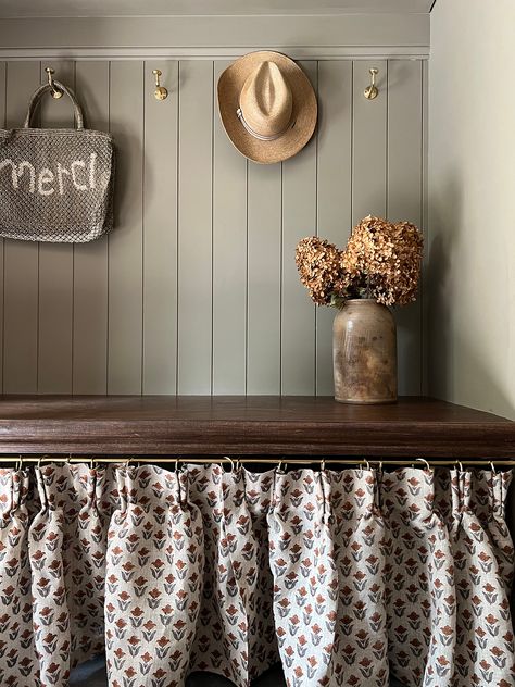 Curtains On Bookshelves, Cabinet Curtains Diy, Bookshelf Curtain, Pantry Curtain, Kitchen Sink Curtains, Missouri Farm, Laundry Room Update, Sink Skirt, Pleat Curtains