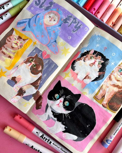 Where are the cat lovers? 🤭 Drawing cats is so much fun💖 I used Acrylic Markers from @arrtxart ☺️ The full drawing process from sketch to final piece is on my yt. There I gave you a review about these acrylic markers and a detailed insight how I use them. I hope you like it ✨ /unpaidad #arrtx #arrtxart #arrtxmarkers #sketchbookart #sketchbookdrawing #acrylicmarker #latinaartist #catlover #smallartist #catillustration #catart Marker Cat Drawing, Art With Acrylic Markers, Cat Marker Drawing, Arrtx Acrylic Marker, Acrylic Marker Art, Pets Painting, Improve Drawings, Full Drawing, Art Markers Drawing