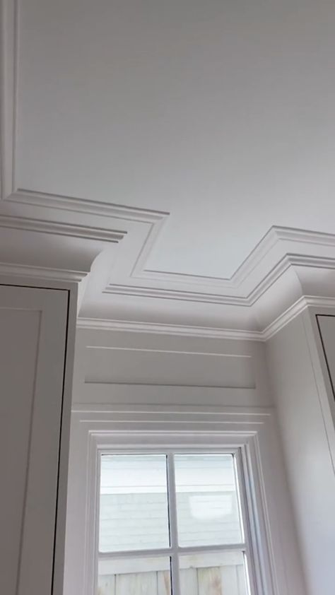 Dramatic Crown Molding, Coffered Ceiling Hallway, Bathroom Ceiling Trim Ideas, Ceiling Moldings And Trim, Faux Tray Ceiling Ideas, Vaulted Ceiling Molding Ideas, Ceiling Trim Design, Ceiling Molding Ideas Living Room, Coffered Vaulted Ceiling