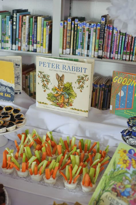 Peter Rabbit Veggies Book Theme Desserts, Vintage Story Book Baby Shower Ideas, Golden Book Baby Shower Decor, Book Themed Baby Shower Ideas Food, Baby’s First Book Club Shower Theme, Books And Brunch Baby Shower Ideas, Bookworm Baby Shower Ideas, Storybook Party Theme, Book Baby Shower Theme Decorations