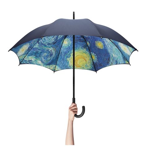 The perfect accessory to pick up your spirits on a gloomy day, this eye-catching umbrella features dazzling imagery from Vincent Van Gogh's masterpiece The Starry Night, 1889, in MoMA's collection. Features a navy-blue polyester exterior and an aluminum shaft with a rubber-coated handle. Large Umbrella, Umbrella Art, The Starry Night, Umbrella Designs, Under My Umbrella, Gloomy Day, Folding Umbrella, Museum Of Modern Art, Outdoor Accessories