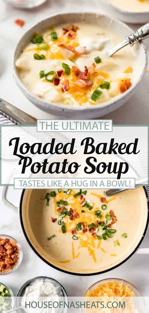 This Loaded Baked Potato Soup recipe is the ULTIMATE comfort soup! Loaded with crispy bacon, sour cream, sharp cheddar cheese, and green onions, this soup is quicker to make than a baked potato and is perfect for a crowd or leftovers throughout the week! #soup #potato #easy #best #Panera #loaded #bakedpotato #homemade Baked Potato Soup Easy, Loaded Baked Potato Soup Recipe, Homemade Potato Soup, Baked Potato Soup Recipe, Loaded Potato Soup, Loaded Baked Potato, Bacon Soup, Loaded Baked Potato Soup, Creamy Potato Soup