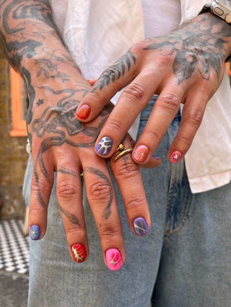 Textured chrome nail art is currently trending, and Lorna's set the tone with these fun designs! 🌀 To book: Gel Mani Full Works + Nail Art Level Two 🩶 #shoreditchnails #lornashoreditchnails #shoreditchnailspolish #nailartinspo #chrome #trending Chrome Nails For Men, Male Christmas Nails, Gel Nail Designs Men, Mens Nails Art, Mens Gel Nails, Mens Nails Design Simple, Men’s Nail Arts, Men’s Nails Manicure, Rapper Nails