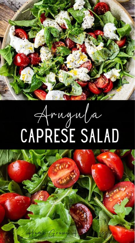 This vibrant arugula Caprese salad is packed full of flavor and nutrients. It has fresh cherry tomatoes, peppery arugula (otherwise known as rocket), soft cheese, and plenty of fresh basil. The addition of argula leaves bulks out this Caprese salad and gives it an extra nutritious kick. Caprese Salad Dressing, Tomato Salad Dressing, Simple Balsamic Vinaigrette, Food Lunch Ideas, Arugula Salad Recipes, Caprese Salad Recipe, Fresh Cherry, Meal Prep Lunch, Prep Lunch