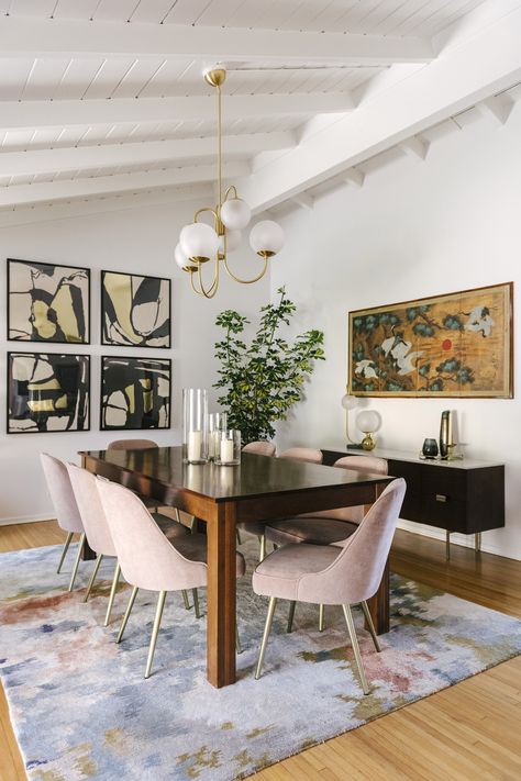 Mid Century Glam Living Room, Midcentury Glam, Mid Century Modern Glam, Glam Dining Room, Mid Century Glam, West Elm Furniture, Mid Century Dining Room, Mid Century Ranch, Glass Globes