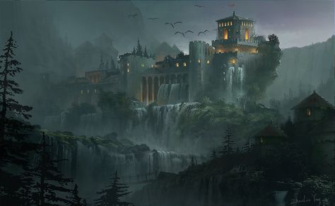 ArtStation - Castle in the waterfall, ZhuoLin Yang Waterfall Castle, Fourth Wing Rebecca Yarros, Rebecca Yarros, Sci Fi Landscape, Anime Places, Concept Art Tutorial, Location Inspiration, Landscape Concept, Fourth Wing