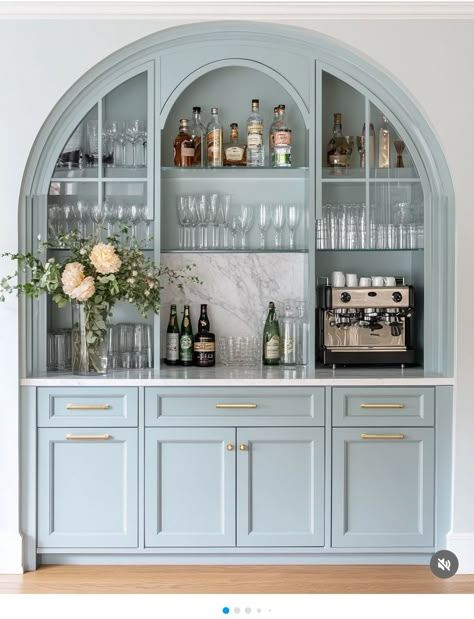 Built In Cabinet Bar Area, Teal Butlers Pantry, Large Dry Bar, Full Wall Display Cabinet, Kitchen Built In Bar Ideas, Kitchen Mini Bar Design, Dark Blue Wet Bar, Built In Bar Closet, Built In Bar Buffet