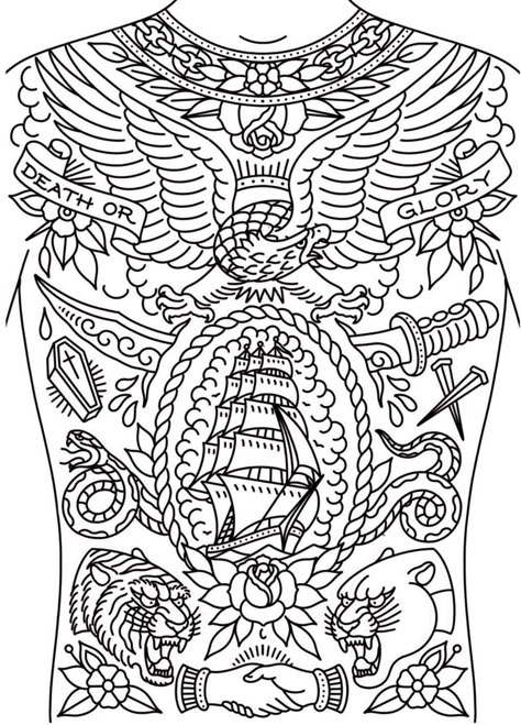 Americana Back Tattoo, Chest Piece Tattoo Design, Nautical Chest Tattoo, Traditional Stomach Tattoo Men, Chest Tattoo Male, Backpiece Tattoo Design, Traditional Tramp Stamp, Traditional Tattoos Backpiece, Men’s Stomach Tattoo Designs