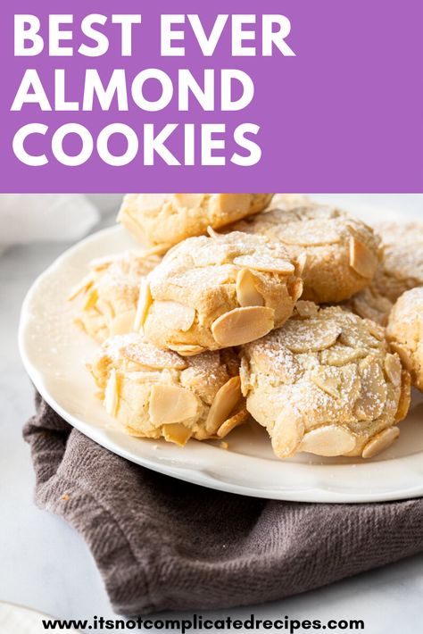 Learn how to many these easy five ingredient Almond Cookies.  Both Gluten and Dairy-Free.  They have a delicious chewy consistency and make a fantastic edible gift. Head to the blog to get more details and the recipe.  Almond cookies | gluten free almond cookies  #almondcookies #glutenfreealmondcookies #easycookierecipes #easyrecipes #itsnotcomplicatedrecipes #cravecookconsume  itsnotcomplicatedrecipes.com Gluten Free Almond Cookies, Cny Cookies, Best Biscuit Recipe, Flourless Desserts, Complicated Recipes, Almond Biscuits, Gf Cookies, Chocolate Crinkle, Greek Sweets