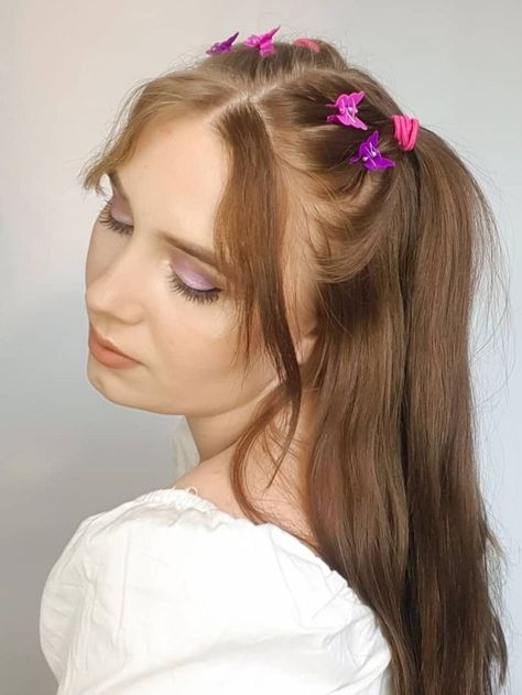 Cute Hairstyles With Butterfly Clips, Hairstyles With Butterfly Clips, Butterfly Clips, Cute Hairstyles, Long Hair, Hairstyles, Purple, Flowers, Hair