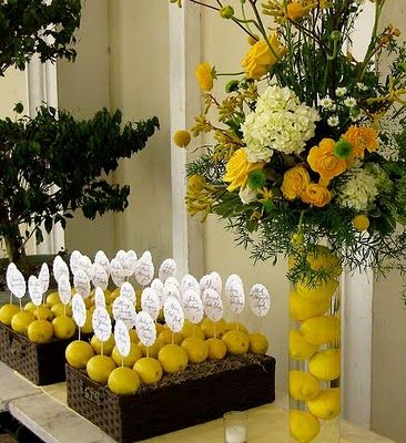 everyday ham: Fun with Lemons - add pink to floral arrangement Lemonade Party Theme, Lemon Party Favors, Lemon Themed Wedding, Lemon Themed Party, Lemon Centerpieces, Lemon Themed Bridal Shower, Table Floral Arrangements, Yellow Wedding Theme, The Color Yellow