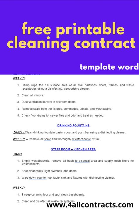 Cleaning contract template free Cleaning Contracts Free Printable, Cleaning Contracts, Free Printable Cleaning, Business Bookkeeping, Small Business Bookkeeping, Rental Agreement Templates, Staff Room, Start Cleaning, Contract Agreement