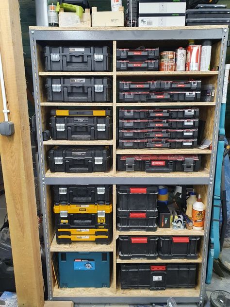 DeWalt Tstak, Makita Systainer, Qbrick Dewalt Storage Boxes, Dewalt Tstak Storage Ideas, Tstak Ideas, Makita Tool Storage, Trailer Workshop, Dewalt Tool Box, Dewalt Storage, Muji Storage, Dewalt Tstak