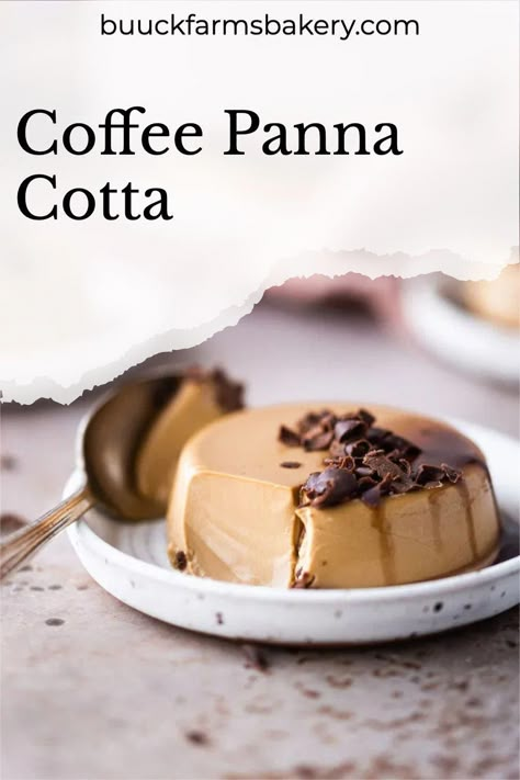 Quick and easy coffee panna cotta with chocolate caramel sauce and chocolate curls. #WholesomeHomemadeBreads Coffee Panna Cotta, Dessert Shooters, Coffee Desserts, Panna Cotta Recipe, Creamy Coffee, Chocolate Curls, Mousse Recipes, Agar Agar, Coffee Dessert