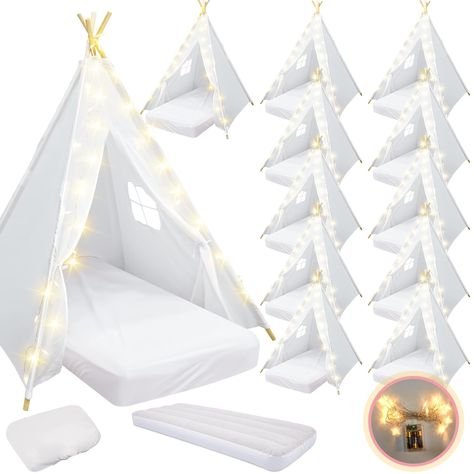 PRICES MAY VARY. Teepee Tent for Kids: you will receive 12 white kids teepee tents, 12 strings of 9.84 feet/ 3 meter star lights, 12 white air beds with a size of 59 x 26.7 inches/ 150 x 68 cm, 12 pieces of white fitted sheets of about 61.81 x 25.98 x 7.09 inches/ 157 x 66 x 18 cm that fit ideally on the air mattress; Together these will add fun to your child's sleepover party Easy Installation: the kids tent has 8 pine poles, you can assemble the pine poles through 4 connectors to form 4 long p Slumber Party Tent Ideas, Tent Sleepover Party, Tent Birthday Party, Toddler Play Tent, Teepee Sleepover Party, Sleepover Tents, Birthday Sleepover Ideas, Slumber Party Birthday, Birthday Sleepover