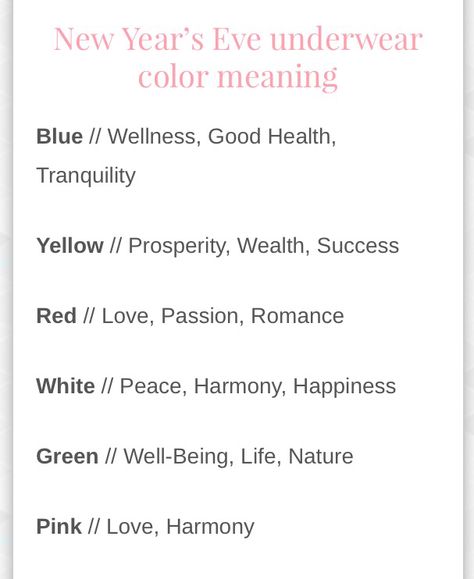 New Year's Eve Tradition! What color will you wear?? What Colors To Wear On New Years Eve, Colors To Wear On New Years Eve, Colors For New Years Meaning, Colors For New Years, New Years Colors Meaning, New Year Colors, New Years Colors, Spells For New Years Eve, New Years Eve Rituals