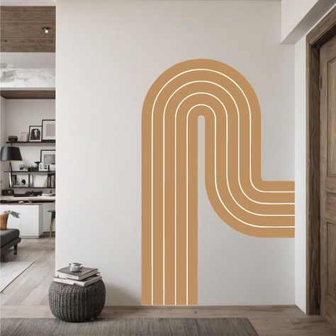 Mid Century Modern Wall Decals, Wood Arch Decor, Peel And Stick Decals Accent Walls, Collage Accent Wall, Abstract Wall Decals, Wall Mural For Office, Mid Century Modern Wall Mural, Retro Wall Design, Tan Wall Bedroom Ideas