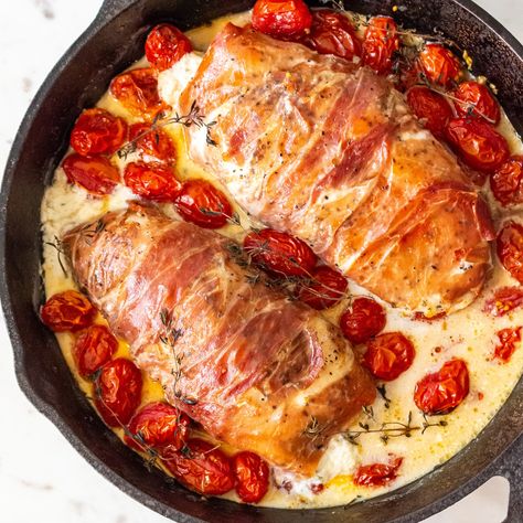 Prosciutto-Wrapped, Boursin-Stuffed Chicken Breasts | Anova Precision® Oven Recipes Chicken Boursin Recipe, Boursin Stuffed Chicken, Prosciutto Stuffed Chicken, Boursin Cheese Recipe, Brie And Prosciutto, Stuffed Chicken Breast Recipes, Boursin Chicken, Boursin Cheese Recipes, Chicken With Prosciutto