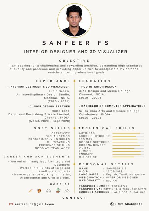 Interior Design and 3D Visualization Resume and Cover Letter by Sanfeer Fs - Issuu Interior Design Cv, Interior Design Resume, Visual Resume, L Names, Resume And Cover Letter, Cv Design, Resume Design Template, Creative Skills, 3d Visualization