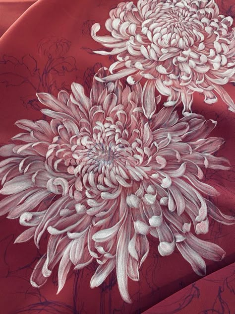 Chrysanthemum Painting, Japan Painting, Japanese Art Prints, Batik Art, Flower Art Drawing, Hand Painted Fabric, Creature Artwork, Energy Art, Silk Art