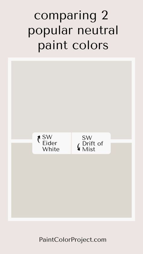 Sherwin Williams Eider White vs Drift of Mist. Cream Grey Paint, City Loft Vs Drift Of Mist, Drift Of Mist Vs Alabaster, Drift Of Mist Bathroom, Sherwood Williams Drift Of Mist, Coordinating Colors With Drift Of Mist, Sw Drift Of Mist Walls, Sherwin Williams Paint Colors Drift Of Mist, Sw Drift Of Mist