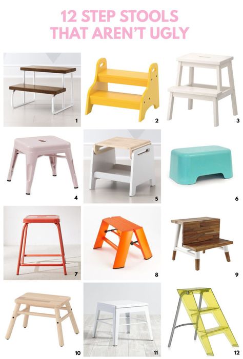 12 Step Stools That Aren't Ugly - Studio DIY    https://studiodiy.com/2018/06/27/12-step-stools-that-arent-ugly/ Cute Step Stool, Closet Step Stool, Kids Bathroom Step Stool, Kitchen Stools Diy, Wooden Stools Diy, Diy Step Stool, Ikea Step Stool, Thrift Furniture, Kitchen Stools With Back