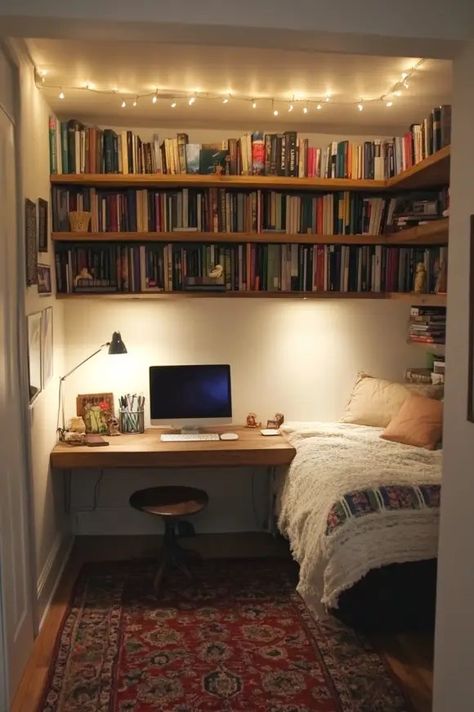 Bedroom Ideas for People Who Work from Home Desk And Bookshelves In Bedroom, Study Guest Room Combo, Office And Spare Bedroom Ideas, Bedroom Study Space, Small Bedroom Office Ideas, Bedroom And Office Combo Ideas, Book Corner Ideas Bedroom, Library Guest Room, Small Bedroom Desk