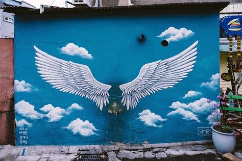 Angel Wings Drawing, Angel Wings Wall Art, Garden Mural, Kindergarten Design, Angel Wings Wall, Wings Drawing, Colorful Murals, Art Village, Wall Painting Decor