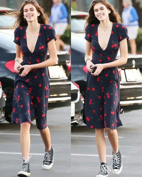 Cherry print dress and Chuck Taylor's Dress Combination For Women, Cherry Dress Outfit, Kaia Gerber Style, Cherry Print Dress, Everyday Clothing, 70s Outfits, Cherry Dress, Kaia Gerber, High Waist Dress