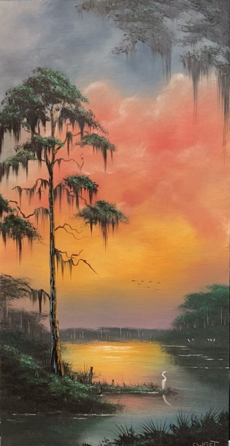 Bayou Paintings Louisiana, Highway Men Paintings, Louisiana Aesthetic Wallpaper, Florida Acrylic Painting, Louisiana Swamp Paintings, Swamp Acrylic Painting, Watercolor Swamp Paintings, Louisiana Paintings Ideas, Swamp Artwork