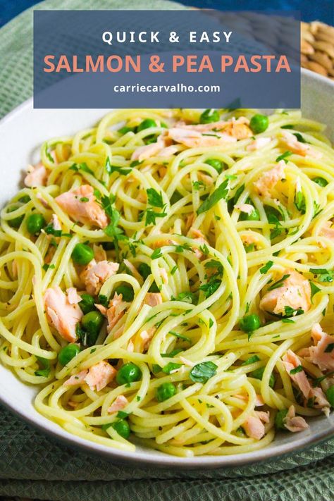 Quick & Tasty with fresh lemon and garlic #pasta #salmon #peas #spaghetti #20minutepasta Pasta Salmon, Pea Pasta, Spaghetti Aglio E Olio, Garlic Spaghetti, Pasta With Peas, Flaked Salmon, Spaghetti Aglio, Aglio E Olio, Spring Peas