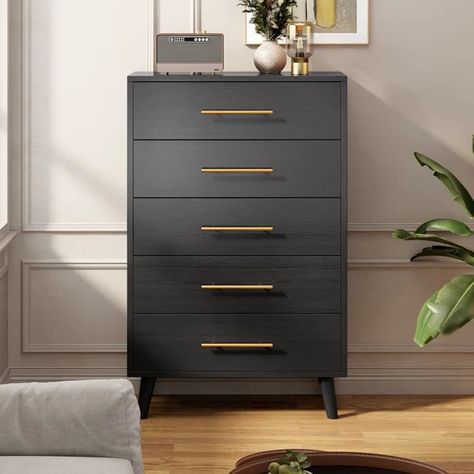 Jakyria 5 - Drawer Dresser Tall Black Chest Of Drawers, 5 Drawer Chest Of Drawers, Black Tall Dresser, Modern Black Bedroom, Clothing Organizer, Organizing Clothes, Bedroom 2024, Tall Chest Of Drawers, Wide Chest Of Drawers