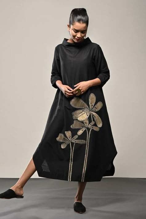 Taika by Poonam Bhagat Titli Floral Dress | Women, Dresses, Midi, Black, Thread, Blended Silk, Round High Neck, Three Quarter at Aza Fashions Floral Neckline Embroidery, Embroidery On Black Dress, Collar Neck Dress, Fancy Dress Patterns, Fancy Suits, Summer Fashion Dresses Casual, Fancy Dresses Long, African Inspired Fashion, Trendy Fashion Tops