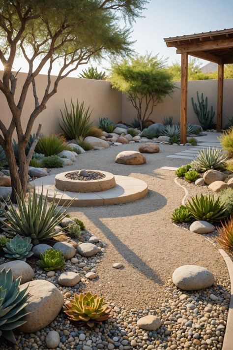 Drought Backyard Landscaping, Desert Rock Garden Landscaping, Diy Yard Planters, Xeriscape Landscaping New Mexico, Desertscape Landscape Design, Small Xeriscape Backyard, Arizona Planter Ideas, Dry Landscape Ideas, Arizona Small Backyard Ideas