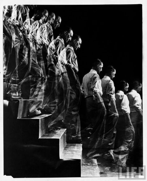 Artist Marcel Duchamp walking down a flight of stairs in a multiple exposure image reminiscent of his famous painting “Nude Descending a Staircase.” Location: New York, NY, US Date taken: 1952 Photographer: Eliot Elisofon Marcel Duchamp, Black And White Photograph, Stairs, Walking, Black And White, White, Black