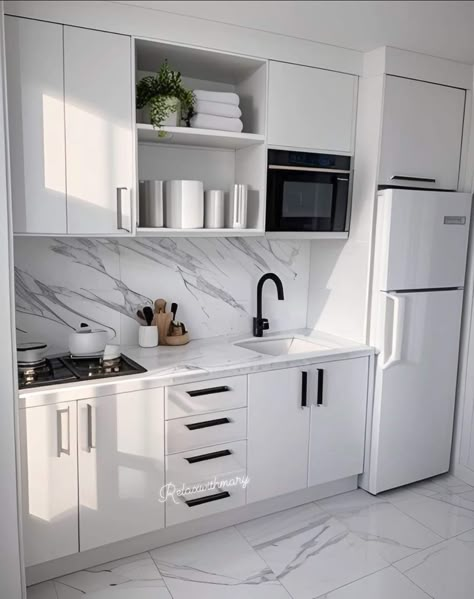 Natural Wood Kitchen Modern, Wood Kitchen Modern, White Natural Wood Kitchen, Apartment Size Appliances, Studio Kitchenette, Kitchenette Design, Natural Wood Kitchen, Tiny Kitchen Design, Kitchen Design Black