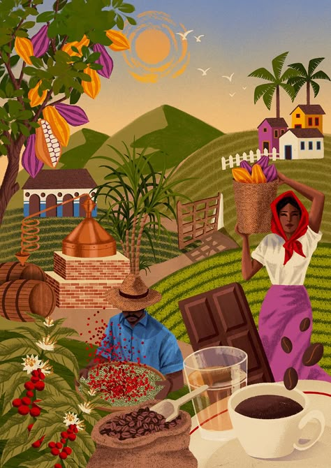 Travel Graphics Illustration, Illustration Project Ideas, Lovers Illustration Art, Cultural Drawing, Colombia Illustration, Harvest Illustration, Coffee Mural, Colombia Art, Culture Poster