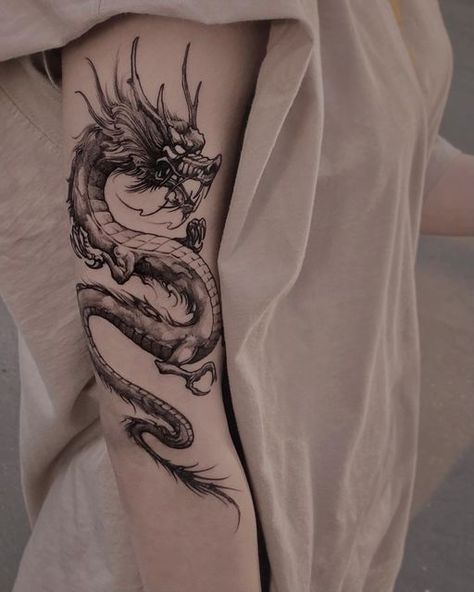 • •• Aiki Tatt •• • on Instagram: “• freehand dragon for • —————— #dragontattoos #tattoos #tattoo #dragon #dragons #ink #freehandtattoo #freehanddragon” Dragon Tattoo Wrapped Around Arm, Shen Long Tattoo, Around Arm Tattoo, Cuff Tattoo, Small Dragon Tattoos, Tattoo Dragon, Free Hand Tattoo, Female Tattoos, Men Tattoos