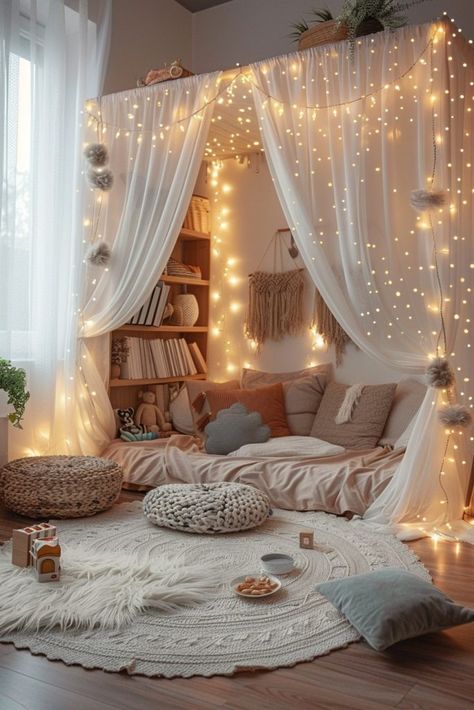 29 Boho Playroom Ideas 13 Fairy Lights Girls Bedroom, Enchanted Playroom, Playroom Seating Ideas, Living Room Fairy Lights Ideas, Playroom Canopy, Fairy Lights Bedroom Ideas, String Lights Bedroom, Bedroom Fairy Lights, Hall Ideas