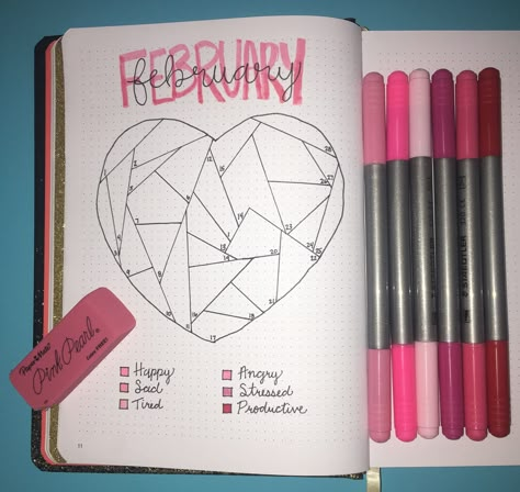 February Bujo Mood Tracker, Mood Trakers Ideas February, Jornal Idea February, Feb Mood Tracker, Bulett Journal Ideas February, Habit Tracker February, Mood Tracker Aesthetic, Bullet Journal Habits, February Mood Tracker