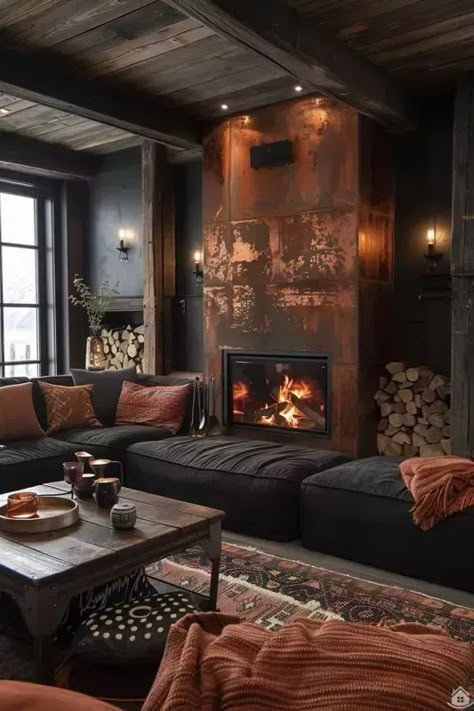 Desert Lodge Design, Rustic Industrial Fireplace, Rustic Gothic Living Room, Painted Cabin Interior, Black And Bronze Living Room, Neutral Masculine Living Room, Hunting Interior Design, Dark Brown House Interior, Dark Color Interior Design