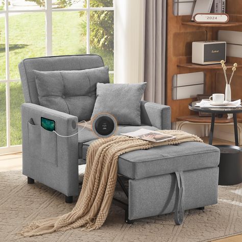 PRICES MAY VARY. Multi-functional Convertible Chair Bed: Transforms into an accent chair, lounge chair, or bed; adjustable to reading chair mode for work, sleep mode for guests, and recliner mode for relaxation or movie watching Adjustable Backrest and Two Pillows: Backrest adjusts to six positions: 90 °, 110 °, 125 °, 145 °, 165 ° and 180 °; includes two pillows for customizable support in sitting, lying down, or reclining position Two USB Port and A Storage Pocket: Features two types of USB po Chair That Turns Into A Bed, Convertible Chair Bed, Spare Room Ideas What To Do With A, Chair Sleeper, Sleeper Chair Bed, Convertible Chair, Beds For Small Spaces, Chair Lounge, Pull Out Sofa Bed