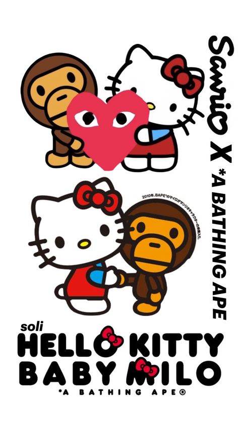 Hello Kitty X Bape Wallpaper, Bape Art Wallpaper, Bape Monkey And Hello Kitty, Monkey And Hello Kitty, Bapesta Wallpaper, Bape Characters, Bape Hello Kitty, Babymilo Bape, Bape X Hello Kitty