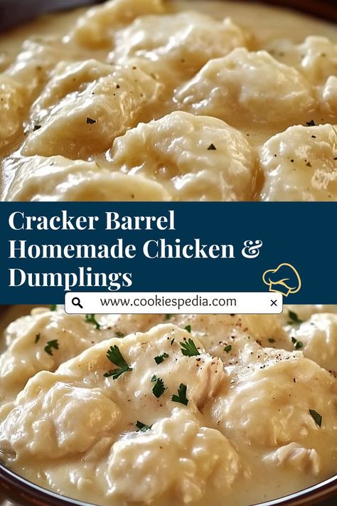 This easy recipe for Cracker Barrel-inspired Chicken & Dumplings is the ultimate comfort food, perfect for family dinners or casual parties! With tender homemade dumplings and juicy chicken in a savory broth, it's an irresistible dish that brings cozy flavors to any gathering. Follow these simple steps for a delicious homemade taste that everyone will love! #easyrecipe #comfortfood #party Homemade Chicken Dumplings, Chicken N Dumplings, Cracker Barrel Chicken, Chicken Dumplings Recipe, Homemade Chicken And Dumplings, Chicken Dumplings, Homemade Dumplings, Dumpling Recipe, Cracker Barrel