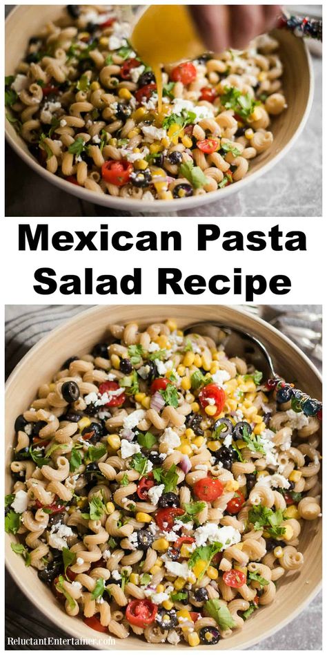 Mexican Pasta Salad recipe, a crowd-pleasing party and potluck dish with fresh flavors in every bite. Perfect for serving at a Cinco de Mayo or Mexican gathering. #pastasalad #mexican #mexicansalad via @sandycoughlin/ Potlucks Dishes, Mexican Pasta Salad Recipes, Mexican Pasta Salad, Mexican Pasta, Mexican Salads, Salads For A Crowd, Cold Pasta, Pasta Salad Recipe, Potluck Dishes