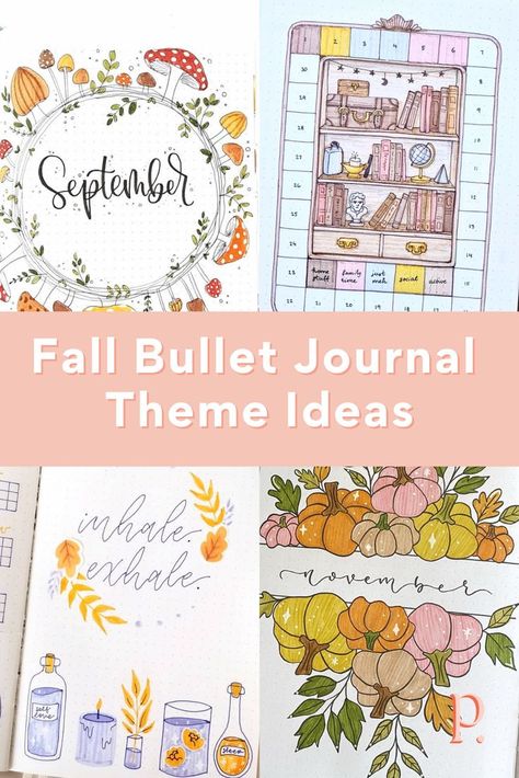 10 theme ideas for fall to add to your bullet journal! With examples of different types of spreads. Fall Bujo Theme, Bullet Journal Fall Theme, Fall Bujo, Fall Bullet Journal, Bullet Journal Theme Ideas, Journal Theme Ideas, Bullet Journal Lists, Theme List, Journal Lists