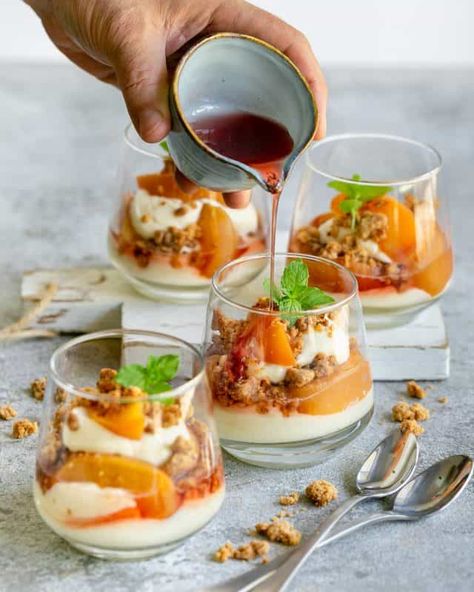 Lemon Cheesecake Mousse with Poached Peaches - Between2Kitchens Lemon Cheesecake Mousse, Poached Peaches, Light Summer Desserts, Cheesecake Mousse Recipe, Peach Cheesecake, Dessert Cups Recipes, Restaurant Style Recipes, Desserts In A Glass, Lemon Cheese