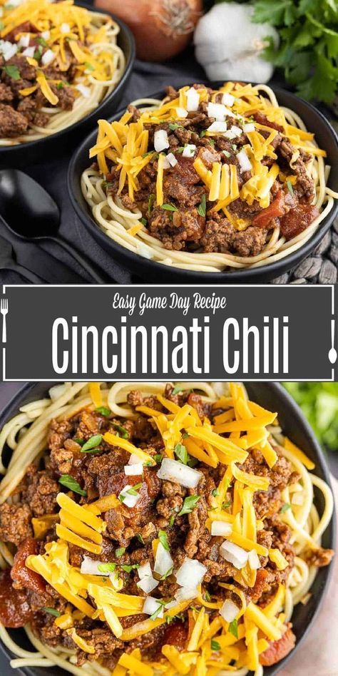 Cincinnati chili puts a Greek spin on classic chili with a delicious blend of warm spices in this recipe from Home. Made. Interest. Traditionally served over spaghetti, it's the perfect dish for game day or to cozy up with on a chilly day. This delicious Skyline chili copycat is less spicy than classic chili, instead replacing the heat with warm spices like cinnamon and allspice. It makes a great football party food and a fun weeknight dinner for the family. Skyline Chili Recipe, Cincinnati Chili Recipe, Skyline Chili, Cincinnati Chili, Classic Chili, Cold Weather Food, Football Party Food, Bowl Of Soup, Chili Recipe