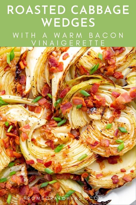 Shows a close up of roasted cabbage wedges topped with a warm bacon vinaigrette Roasted Cabbage Recipes, Warm Bacon Vinaigrette, Cabbage Wedges, Roasted Cabbage Wedges, Bacon Vinaigrette, Wedges Recipe, Gluten Free Sides, Gluten Free Sides Dishes, Roasted Cabbage